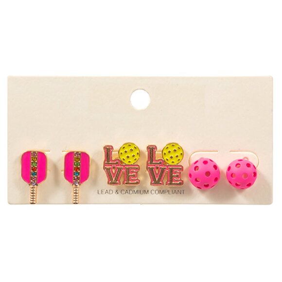 3Pairs - Enamel Pickleball LOVE Stud Earrings Set - BRAND NEW - Hypoallergenic - Picture 2 of 4